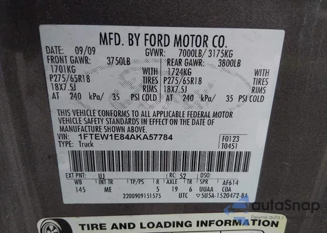 2010 Ford F-150 Xl/Xlt из США, поврежденный, VIN 1FTEW1E84AKA57784